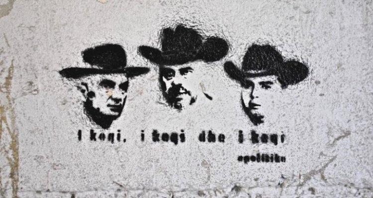 Le "méchant, le méchant, le méchant", les 3 principaux "ennemis politiques" : Rama, Meta et Basha, pochoir d'activistes de gauche à Tirana @ LS